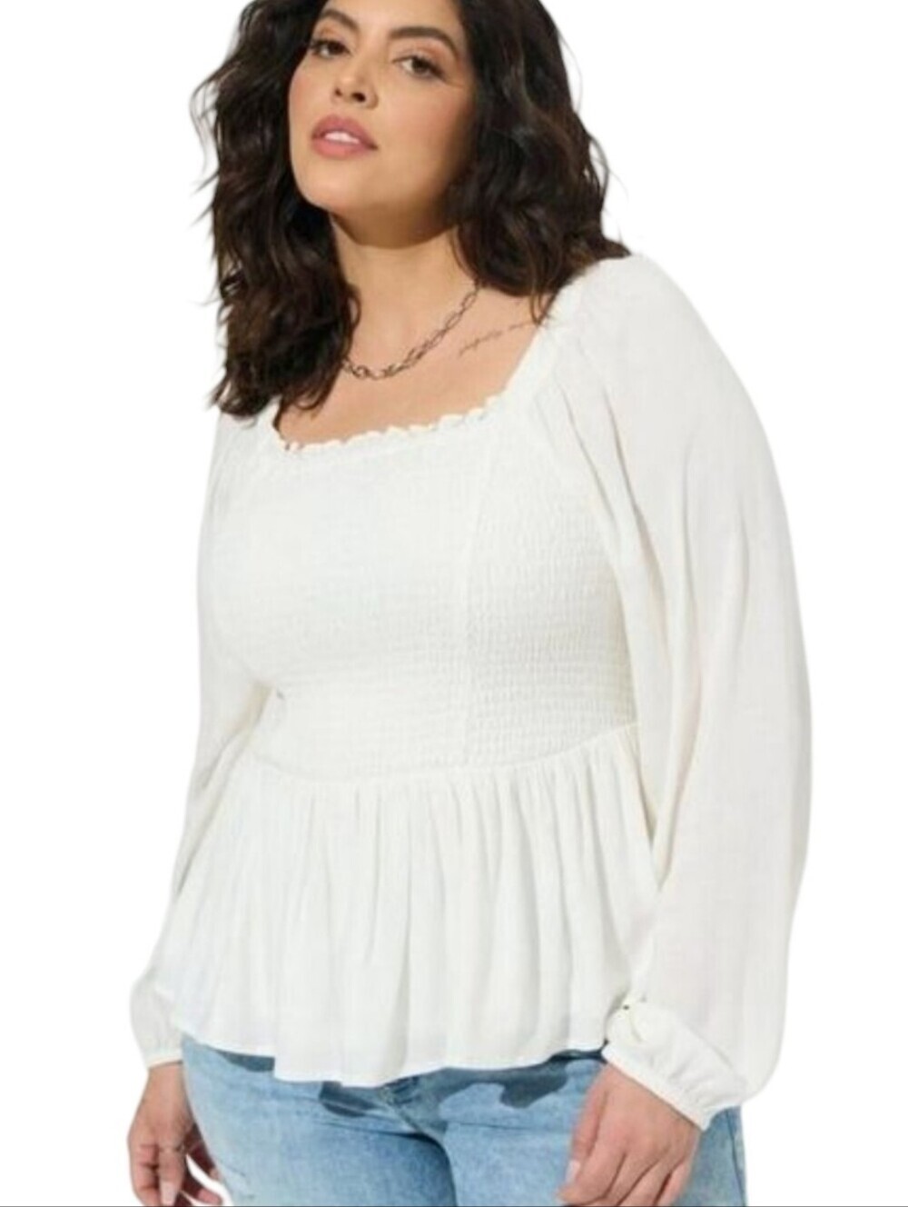 TORRID 3X Cloud dancer white smoked bodice long sleeve cropped babydoll/Blouse